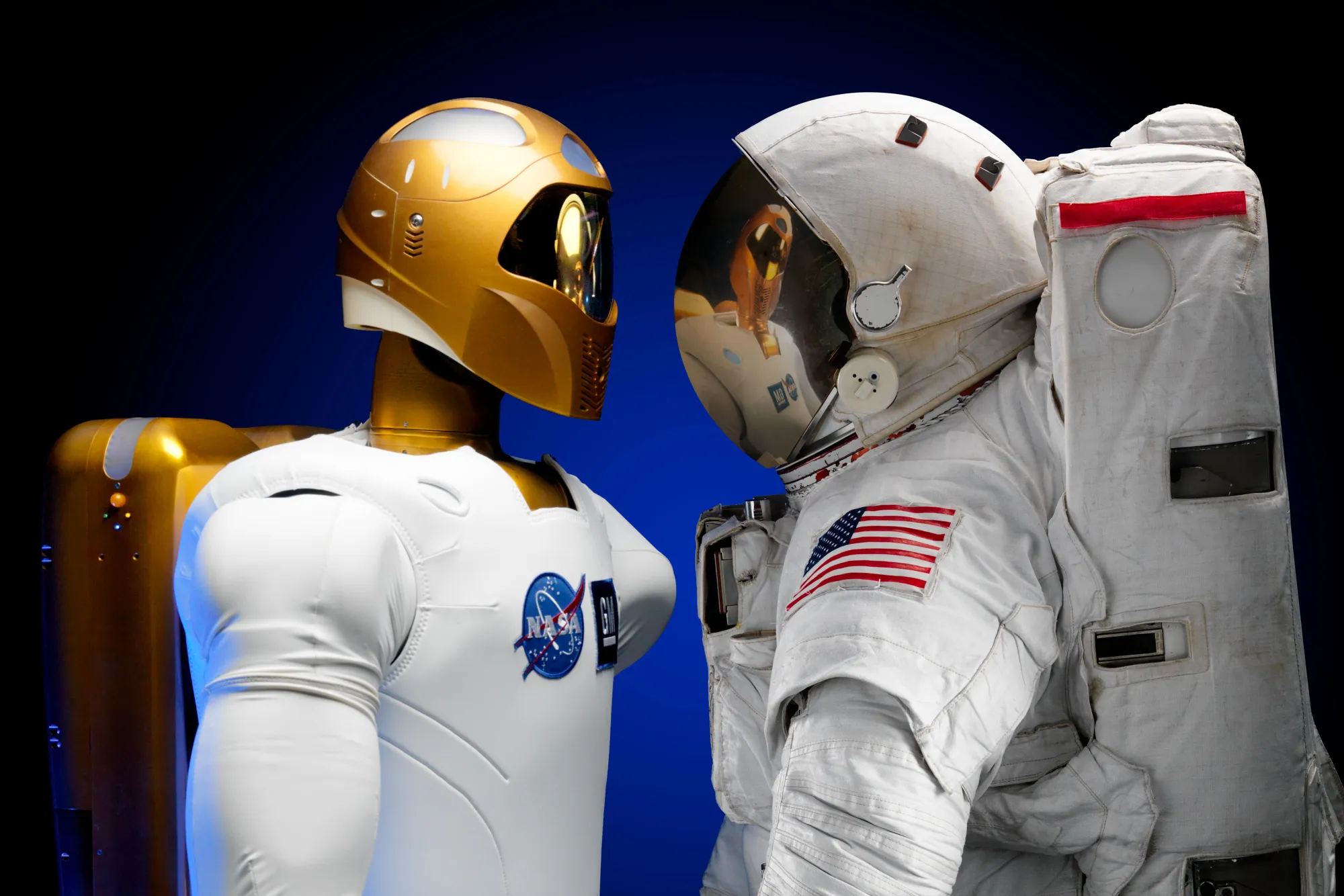 Robot and astronaut in collaborative mission scene